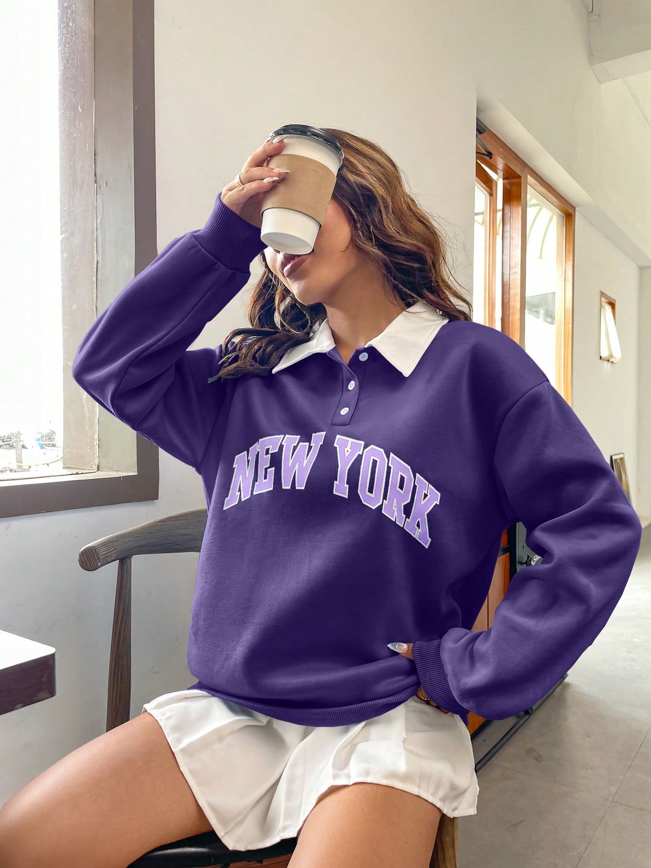 Polo Collar Drop Shoulder Letter Graphic Pullover