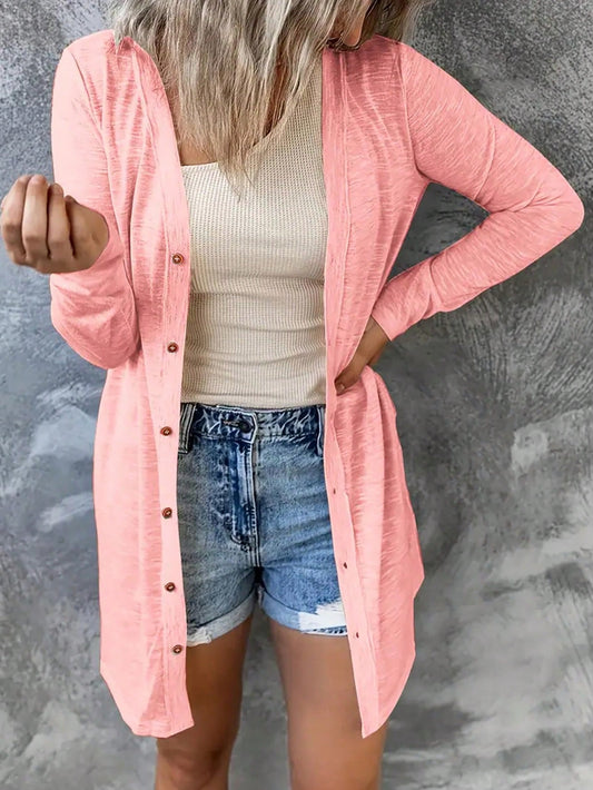 Plus Size Solid Color Front Button Casual Long Sleeve Pink Coat