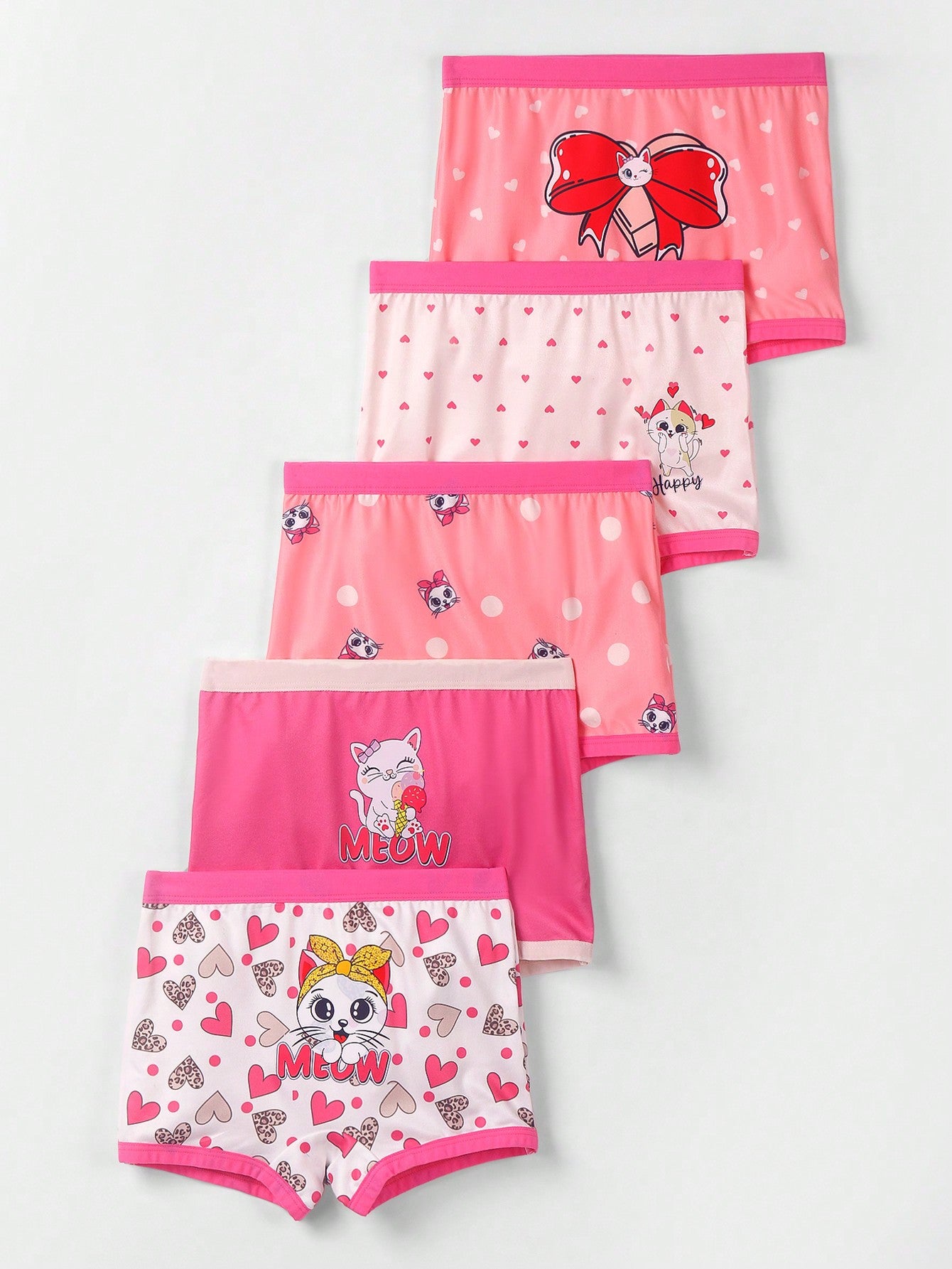 5pcs/Set Girls' Cute Cat, Heart, Bowknot, Polka Dot Print Contrast Color Briefs Panties