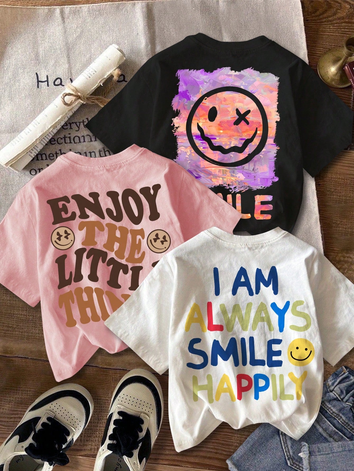 Simple And Cute Casual Cartoon Smile Face And Letter Printed Short Sleeve T-Shirt Set In White, Black, And Pink Colors. Suitable For Summer Back To School Outfits, Cute Shirts And Funny Tops For Tween Girls