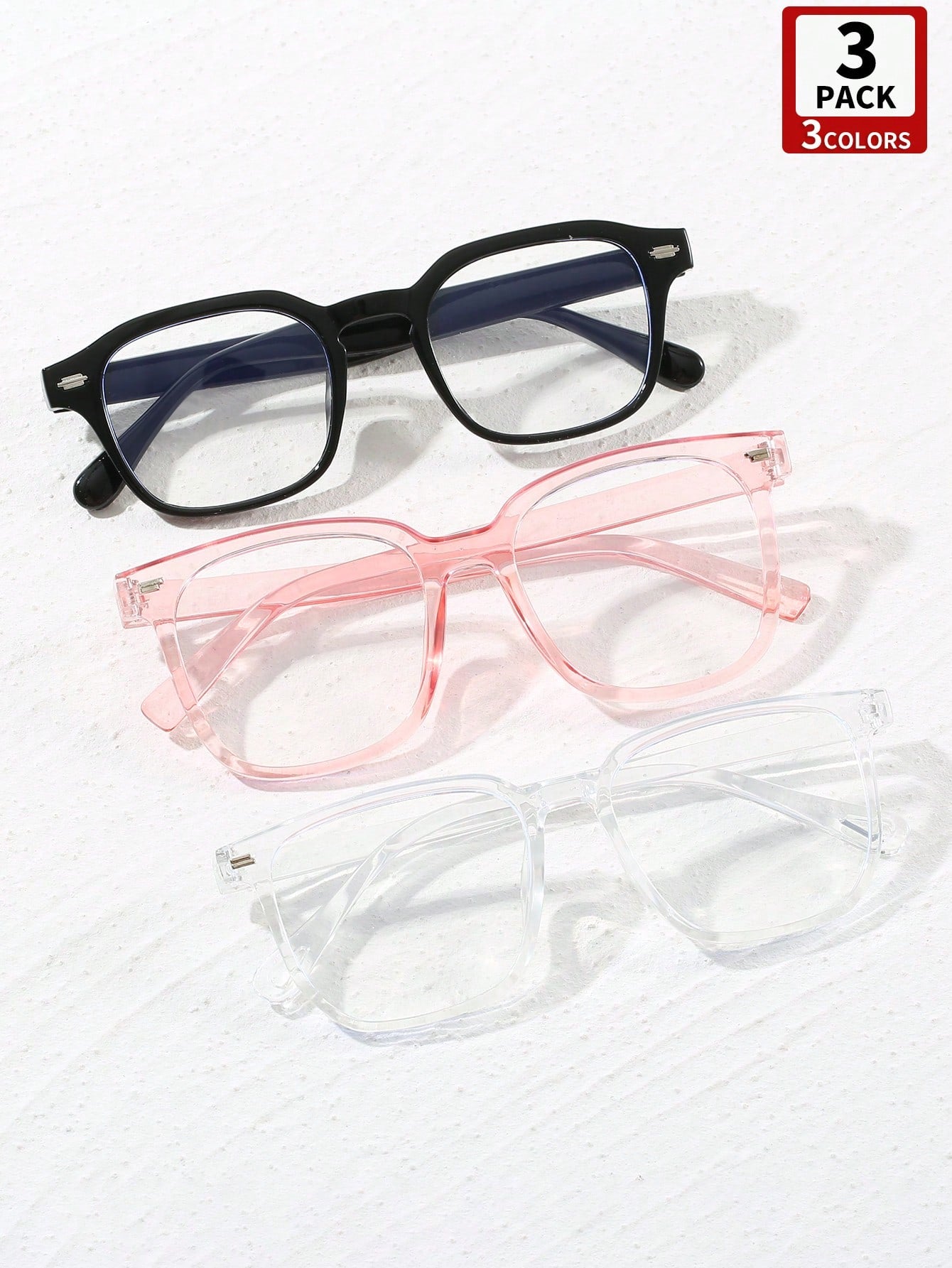 3pairs Square Transparent Blue Light Blocking Glasses, Unisex Anti-Eyestrain Glasses For Computer, TV, Phones With Case & Cloth