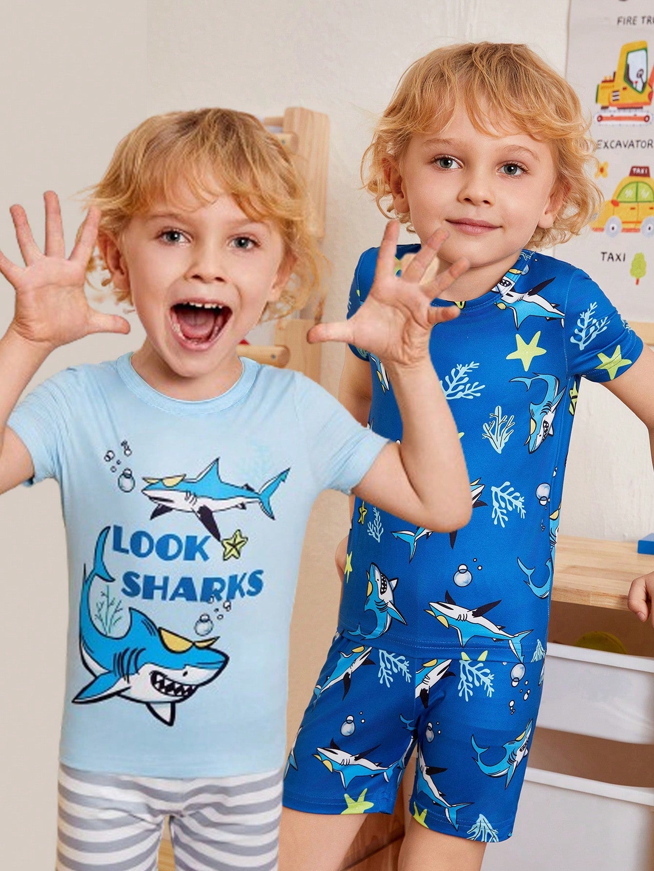 Young Boy Cute Ocean Animal Printed Snug Fit Round Neck T-Shirt And Shorts Set, Casual Homewear