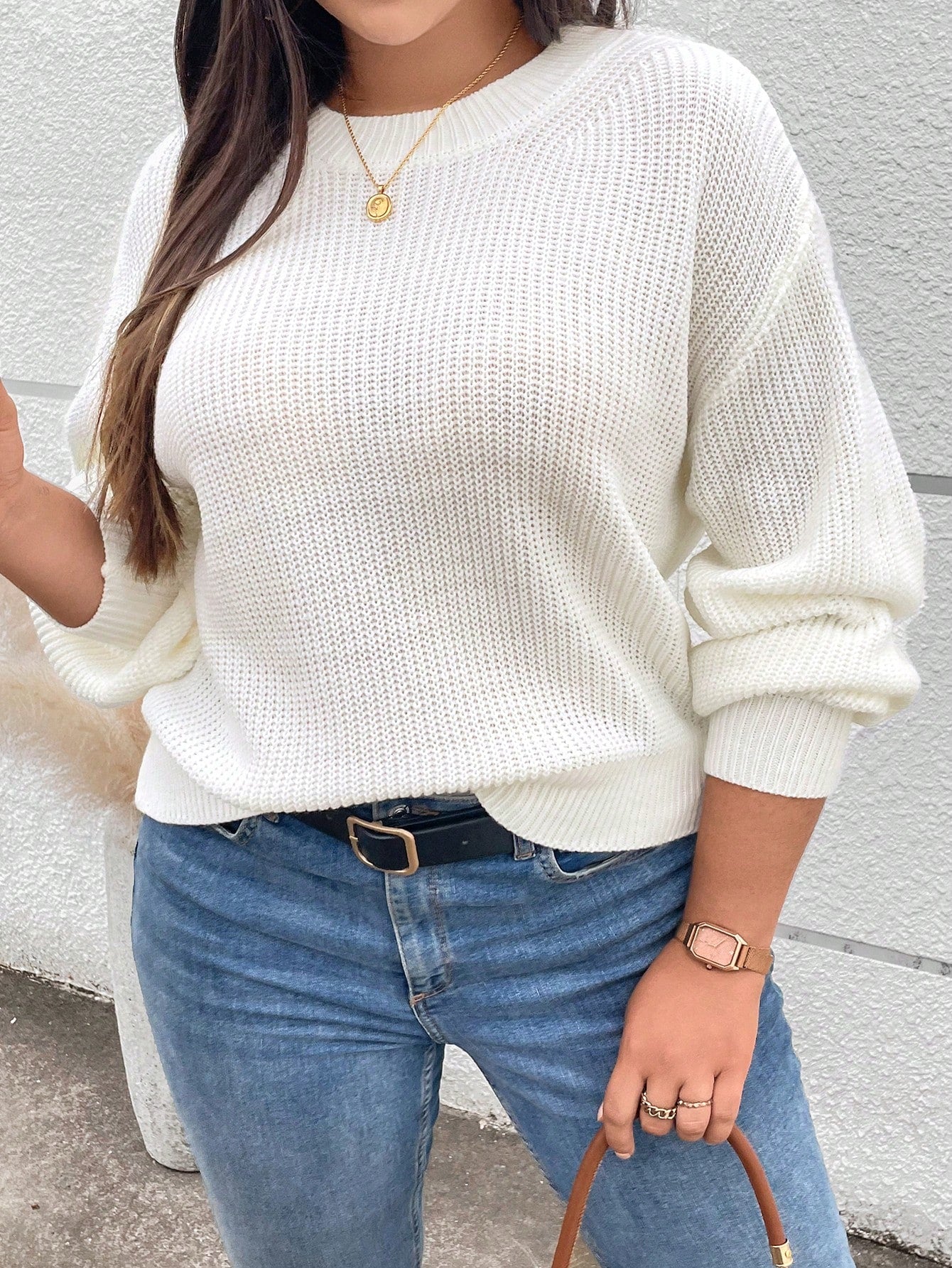 Plus Size Casual Solid Color Dropped Shoulder Sweater, Summer