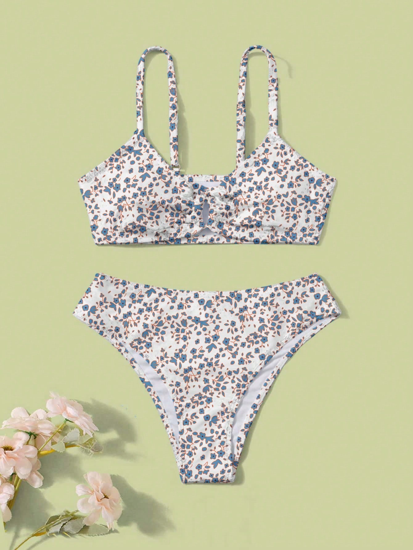 Teen Girls' Floral And Print Hollow Out Detail Bikini Set 2 Pieces