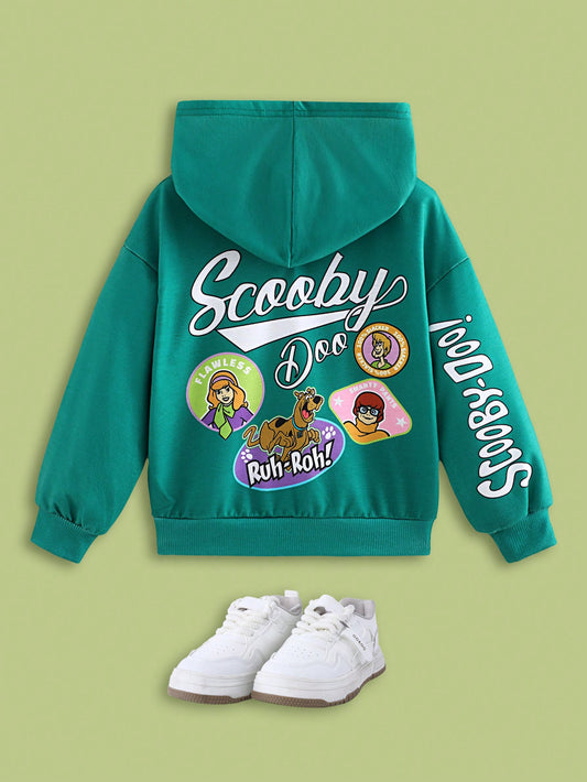 SCOOBY-DOO X Young Boy Letter & Character Printed Hoodie With Kangaroo Pocket, Green Casual Sweatshirt