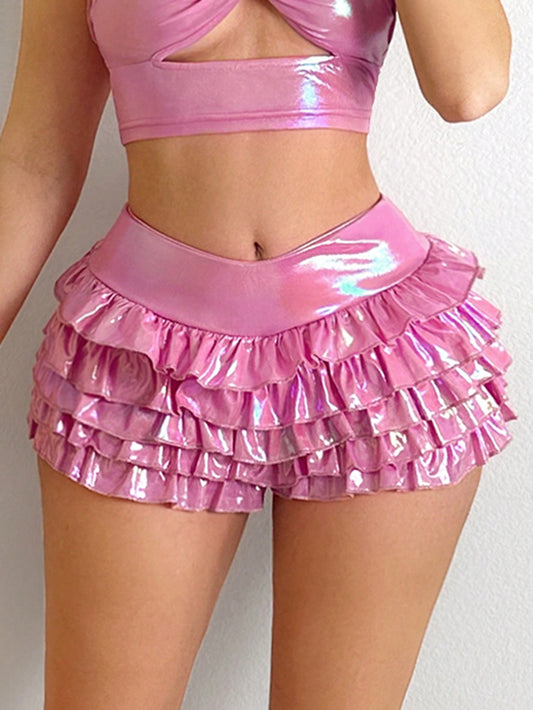 Sweetina Y2k Mini Shorts Rave Festival Outfits Extra Low Waist Ruffled Hem Metal Coating Women's Skort