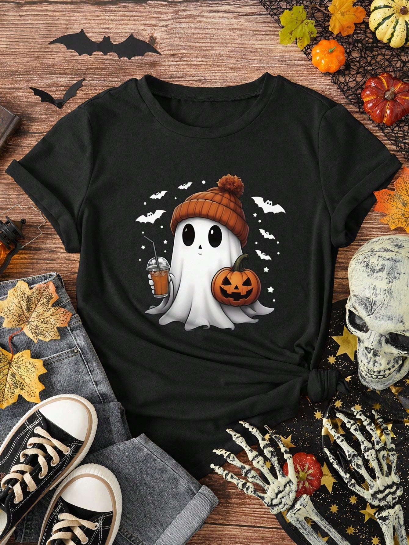 Relaxiva Cute Halloween Ghost Graphic T-Shirt, Pumpkin Halloween Short Sleeve Casual Tee