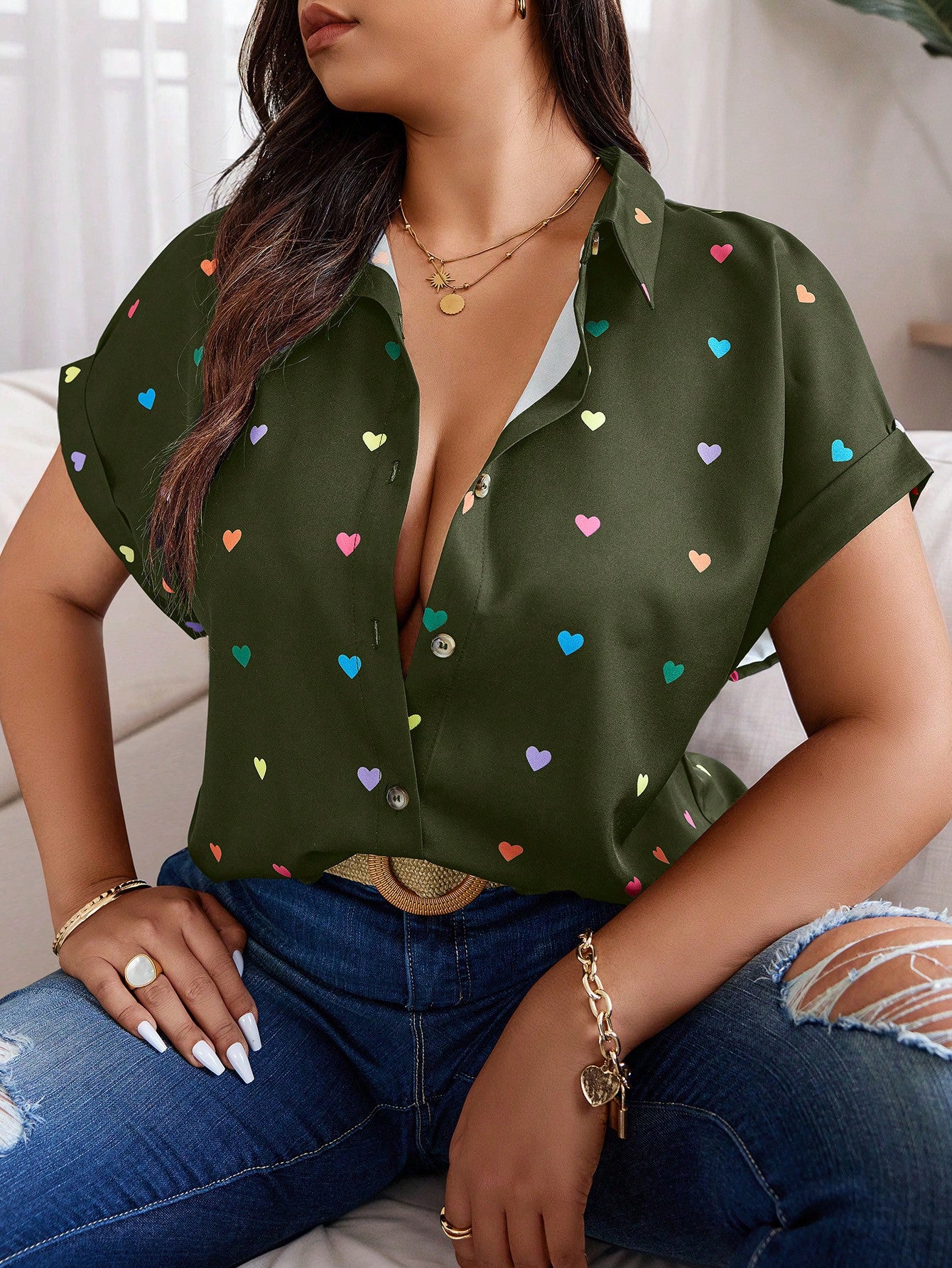 Plus Size Summer Casual Random Heart Print Button-Front Shirt