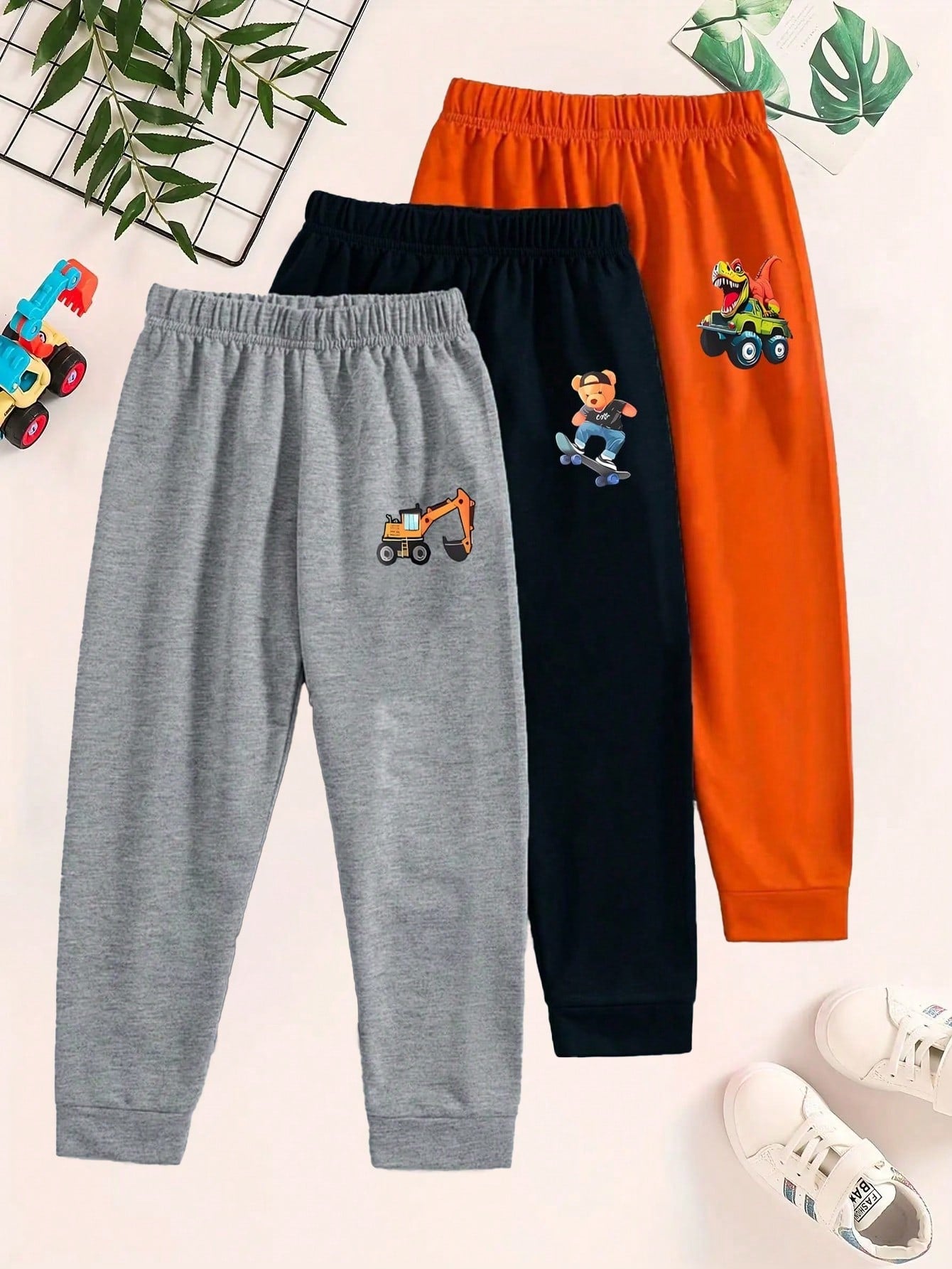 3pcs/Set Toddler Boys' Dinosaur, Excavator, Cartoon Bear Print Casual Pants, Suitable For Spring Fall Winter