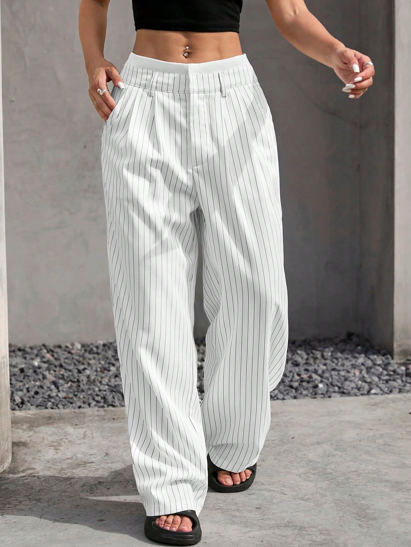 Women's Pleated Striped Wide-Leg Suit Pants With Color Block Waistband