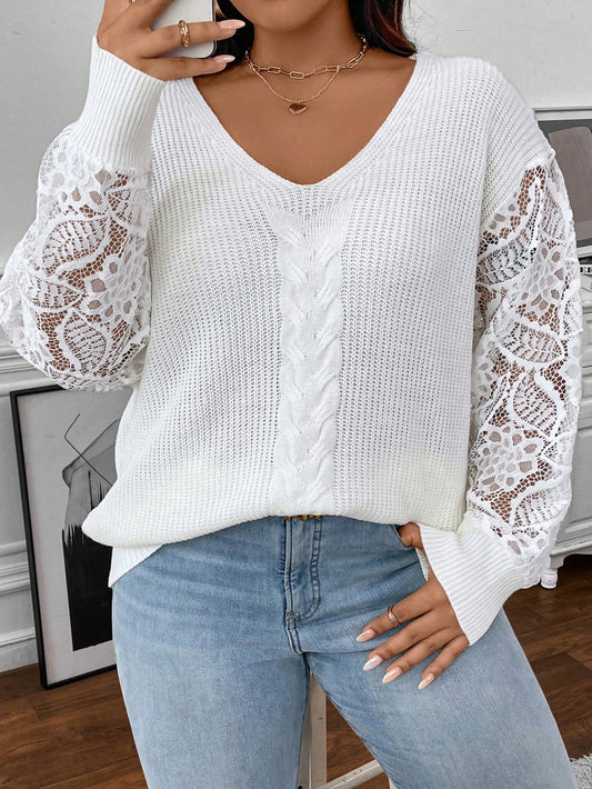 Plus Size Lace Patchwork V-Neck White Sweater