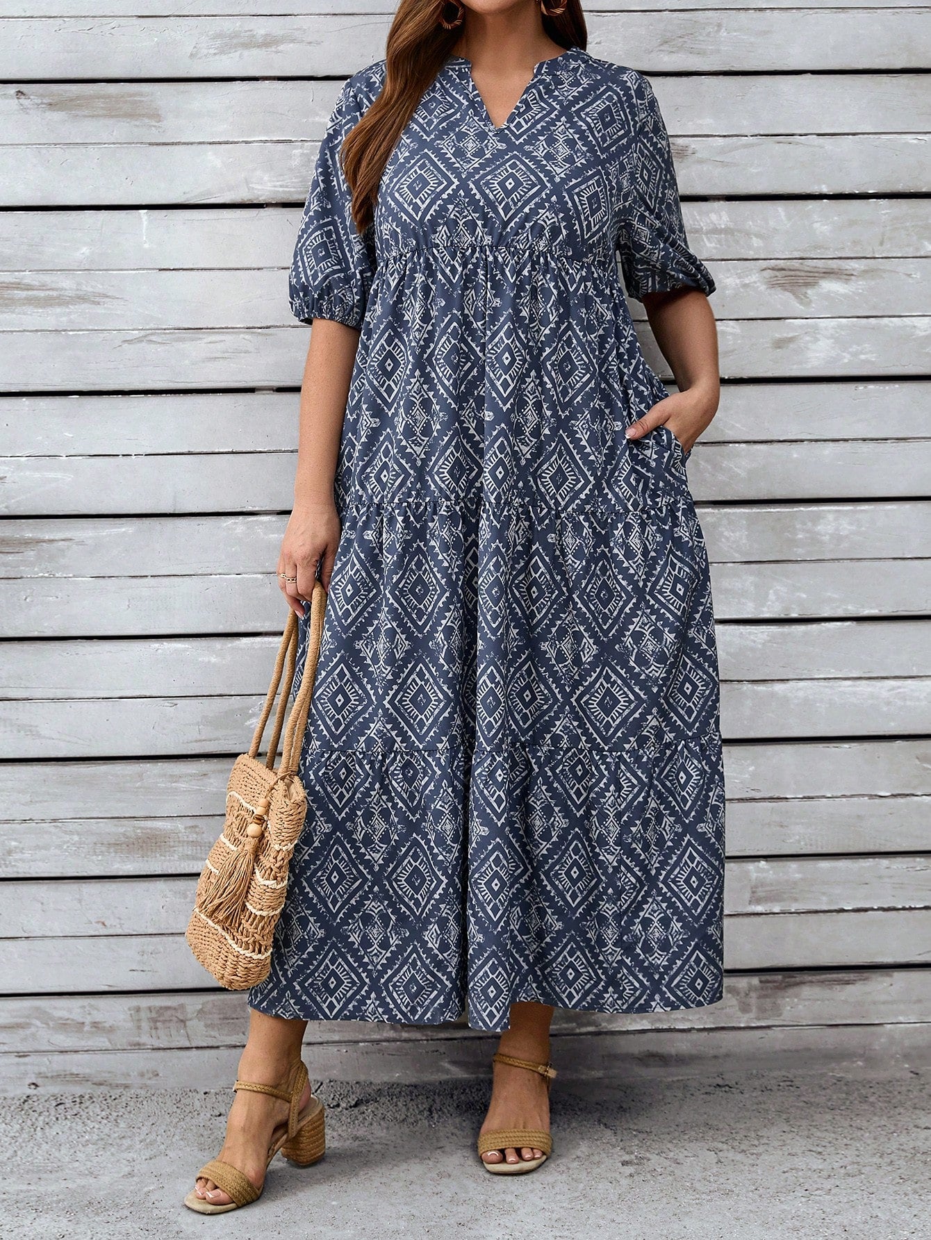 Plus Allover Print Notched Neckline Ruffle Hem Smock Dress