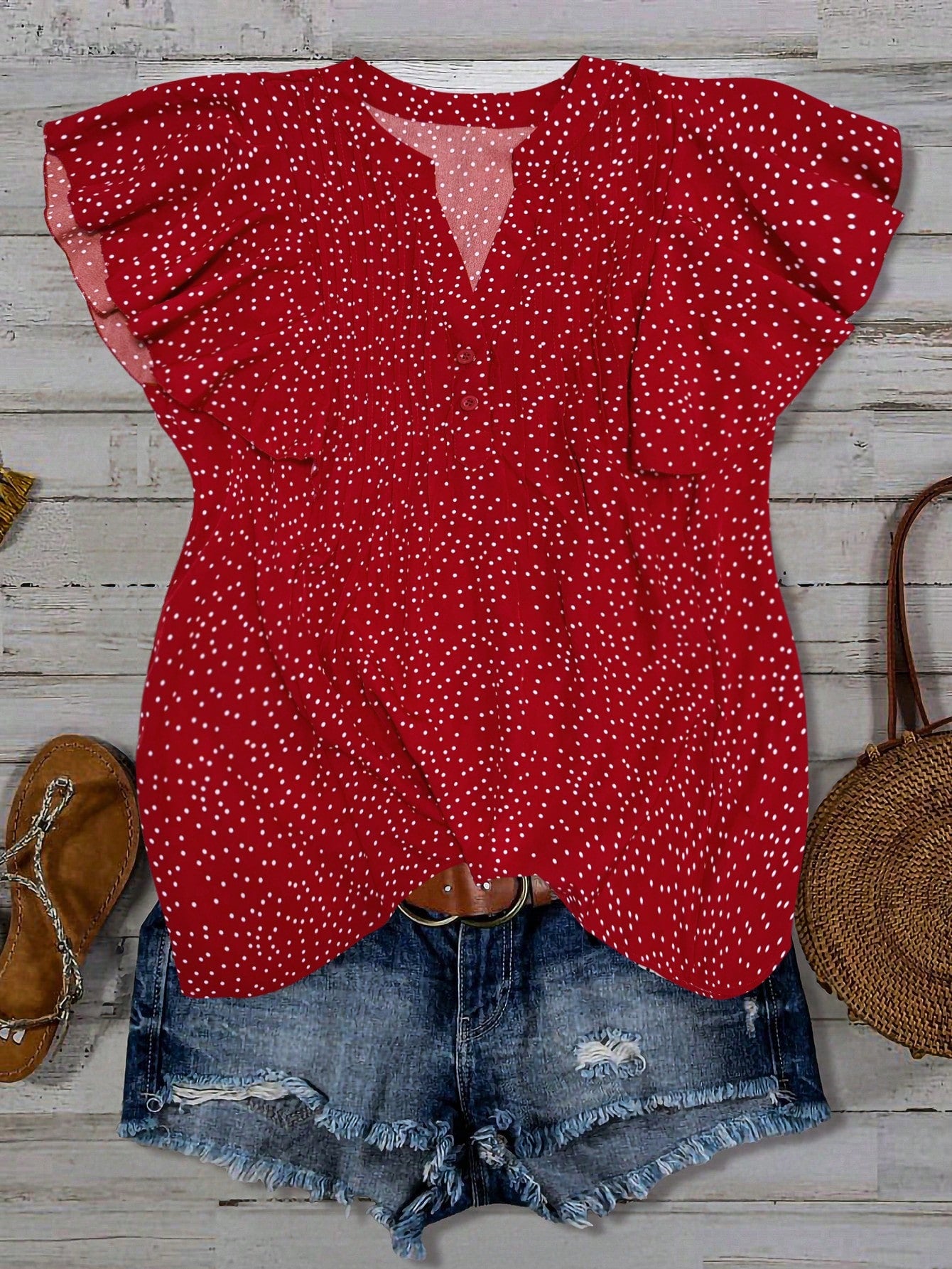 Plus Size Vacation Casual Polka Dot Print Notch Neck Ruffle Trim Blouse