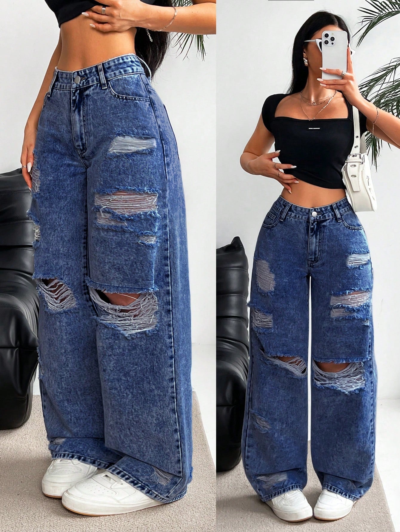 Women's Fashionable Distressed & Fading Loose Fit Jeans