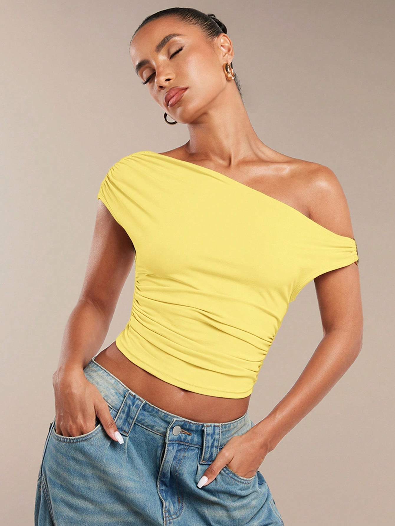 Women's Solid Color Ruched Oblique-Shoulder Asymmetric Summer Top