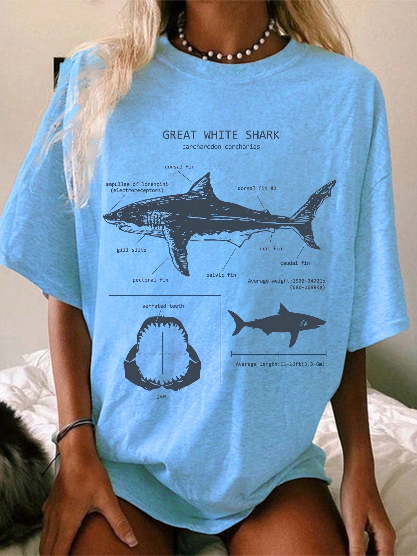 Plus Oversized Short Sleeve T-Shirt, Casual Simple Design With Round Neck, Loose Fit, Suitable For Summer GREAT WHITE SHARK