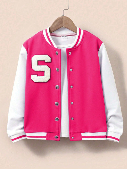 Tween Girls' Solid Color Patchwork Front Button Long Sleeve Letter Varsity Jacket, Casual Daily Wear