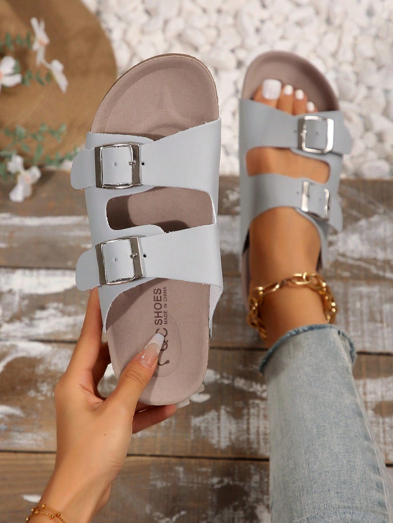 Women's Simple Summer Open Back Comfortable Holiday Buckle Flat Mules Sandals In Beige Color