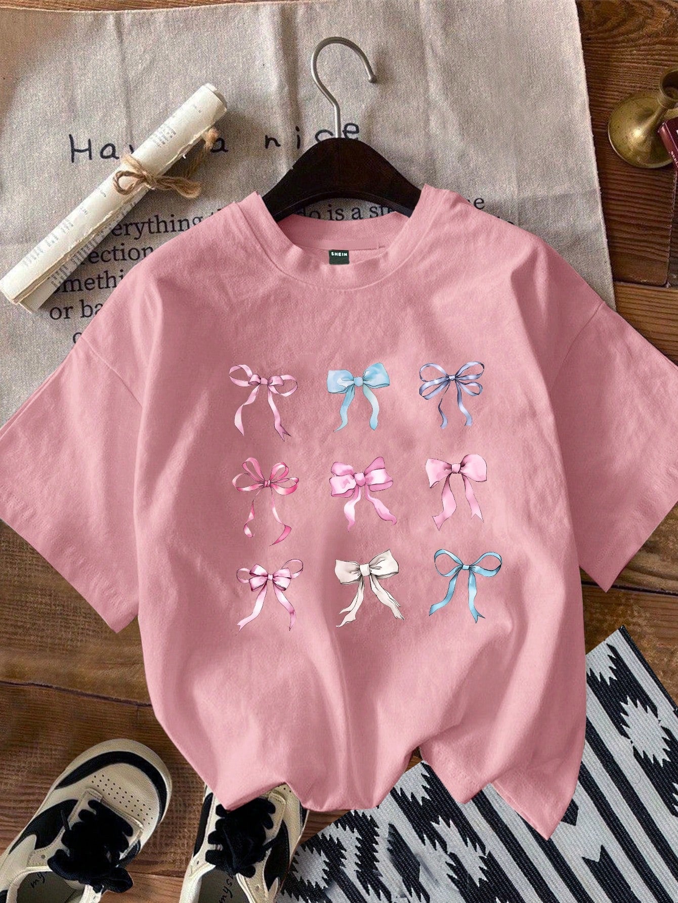 Oversize Butterfly Ribbon Printed Casual Short Sleeve Round Neck Extra Baggy Plus Size T-Shirt