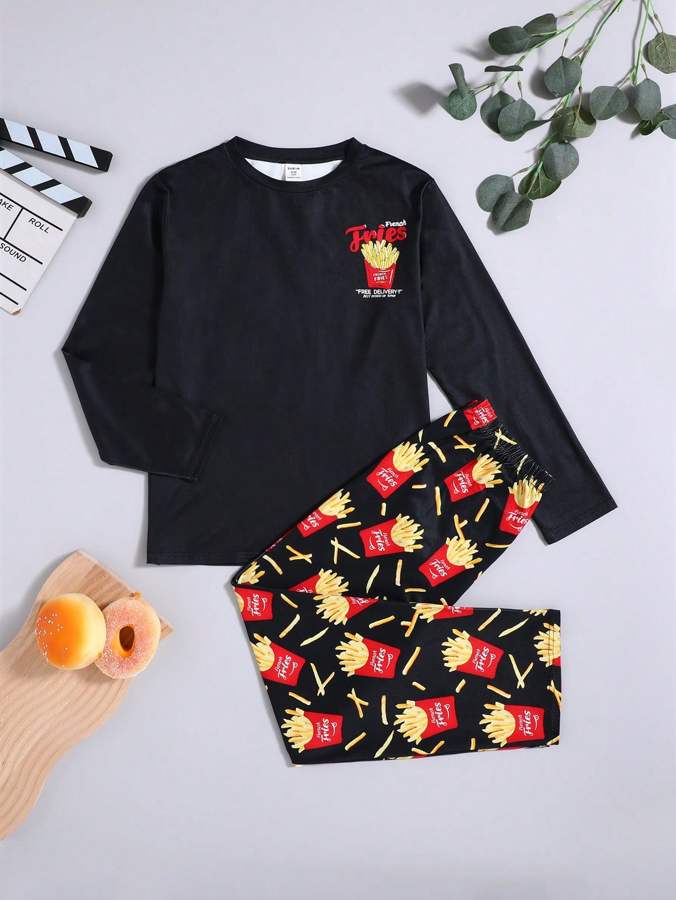 2pcs Tween Boy's Flame Retardant Fries Print Long Sleeve Top And Pants Pajamas Set, Spring/Autumn