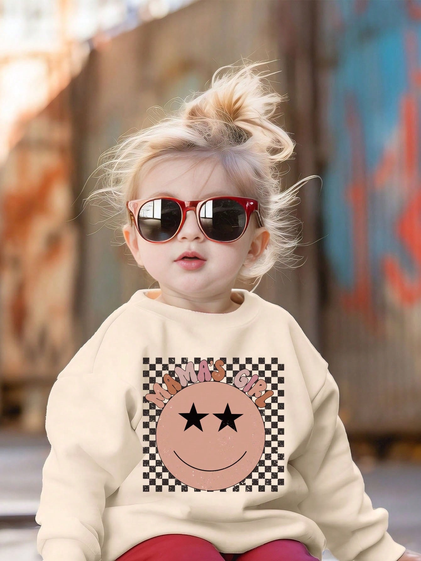 Young Girls' Casual Chic Cute Checkerboard & Smile Face Letter Graphic 'MAMA'S GIRL' Print Basic Crew Neck Sweatshirt