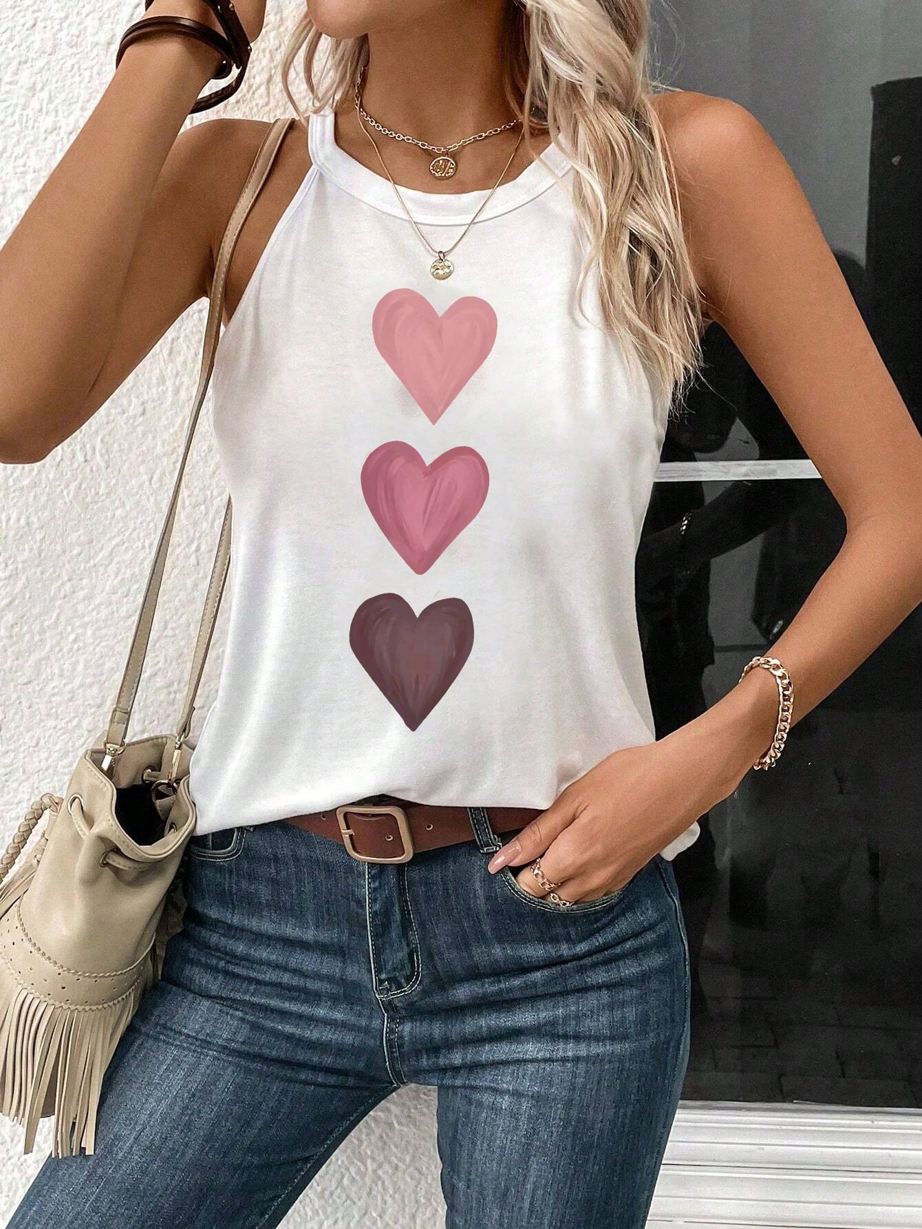 Heart Shaped Pattern Casual Sleeveless Top, Suitable For Summer, Slim Fit Women's Tank Top