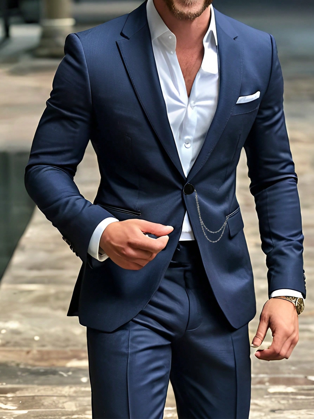 Men Solid Color Lapel Collar Suit With Chain Decoration