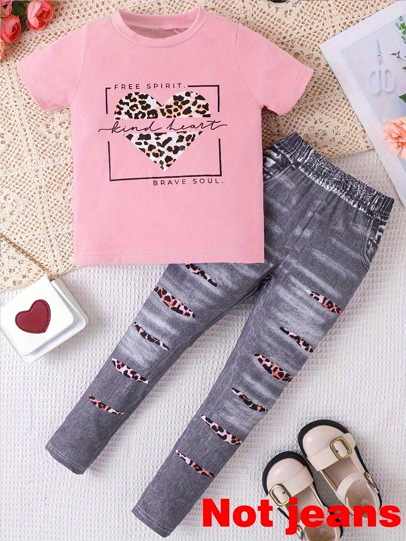 2pcs Young Girl Casual Style English Letters, Leopard Print And Heart Pattern Short Sleeve T-Shirt And Trousers Summer Outfits