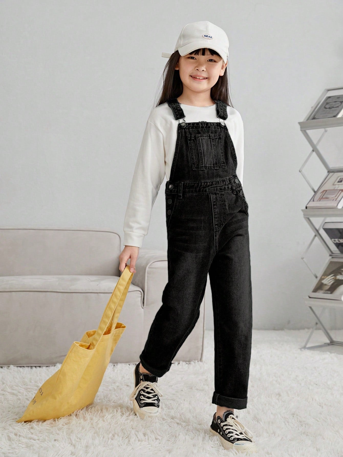 Tween Girl Plain Washed Denim Jumpsuit With Pockets & Thick Suspender Straps