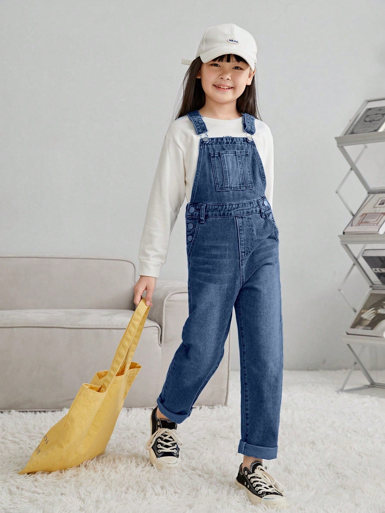 Tween Girls' Solid Color With Pockets Thick Strap Sleeveless Denim Jumpsuit Overall