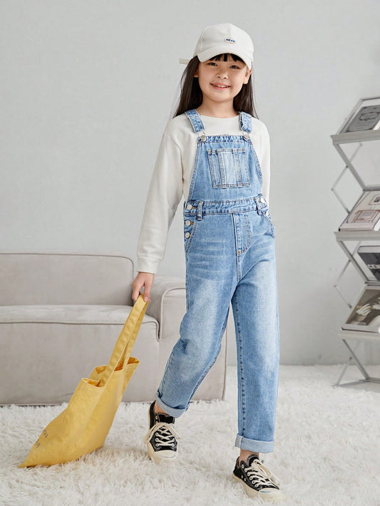 Tween Girls' Solid Color With Pockets Thick Strap Sleeveless Denim Jumpsuit Overall