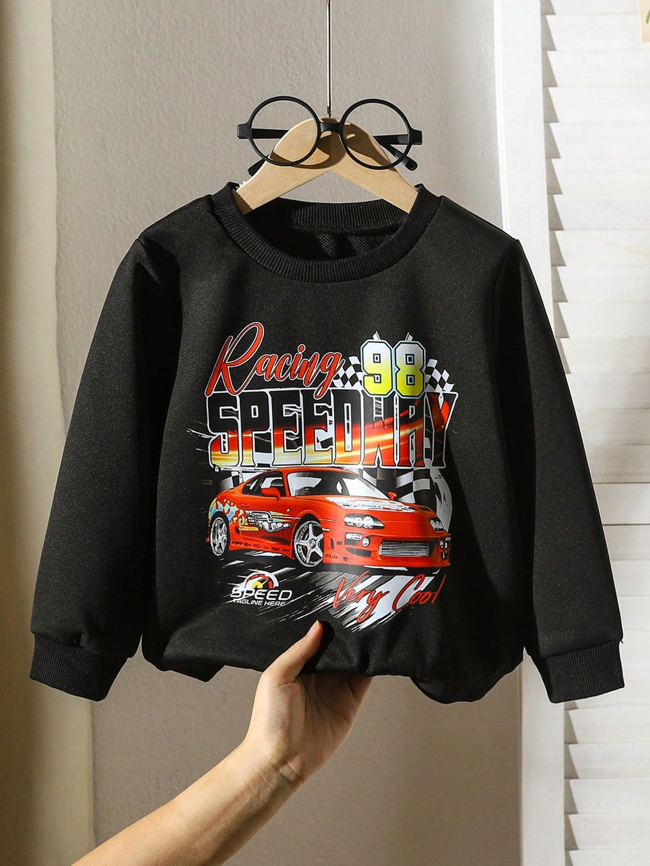 Streecool Kids Toddler Boys' Fashionable Casual Racing Car & Letter Print Black Round Neck Sweatshirt. The Racing Car And Letter Print Design Endows The Sweatshirt With A Unique Trendy Feel, Expressing Boys' Pursuit Of Speed And Freedom. The Simple And El