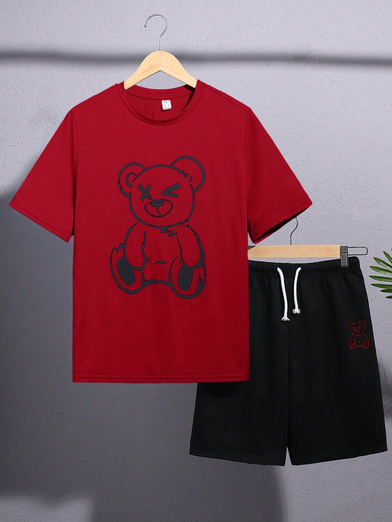 Teen Boy Casual Bear Printed Round Neck Short Sleeve T-Shirt And Shorts Knit 2pcs Set