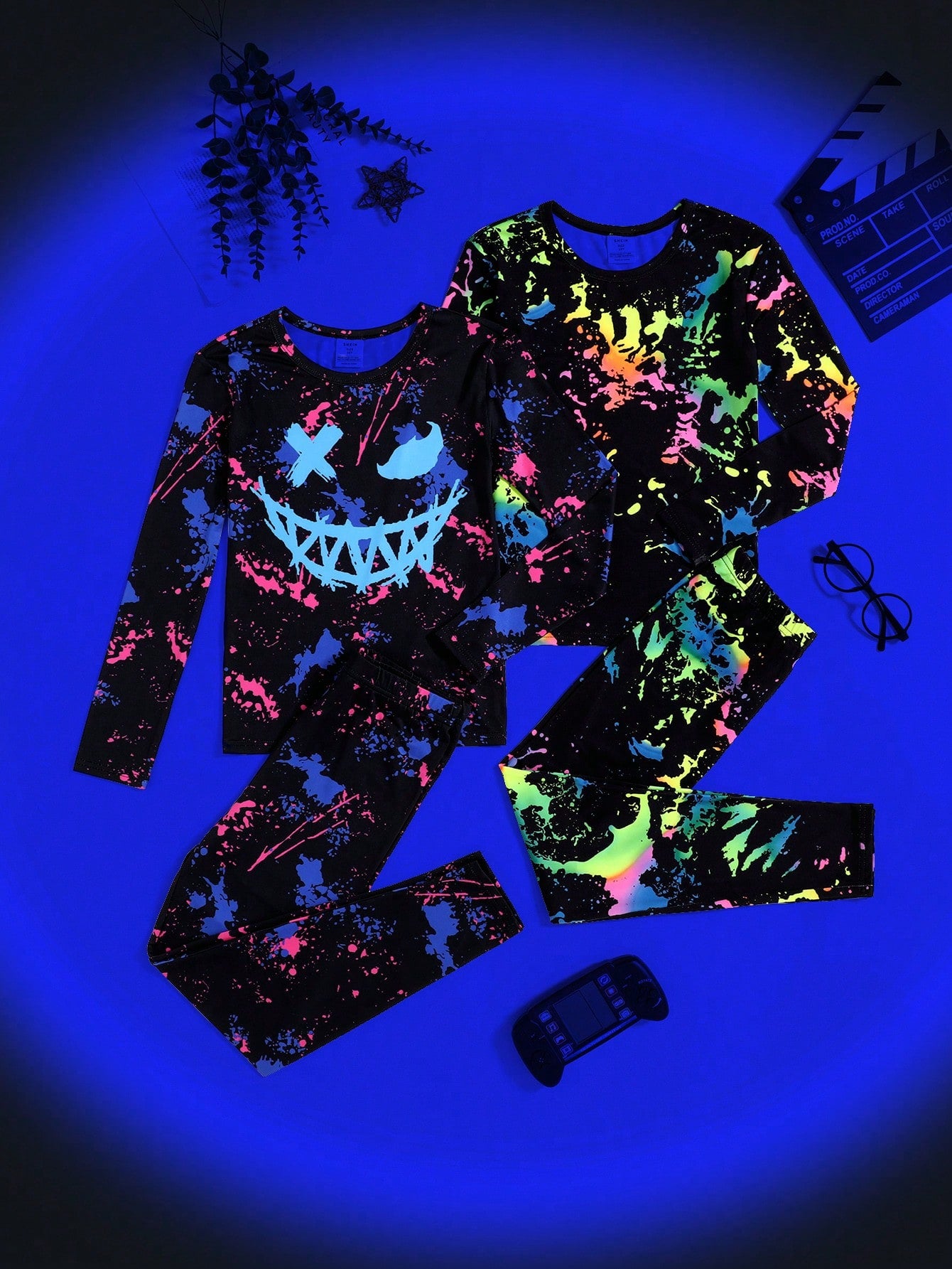 Tween Boy Snug Fit Tie Dye Glow In The Dark Pattern Long Sleeve Leggings 4-Piece Knit Comfortable Loungewear Sleepwear Set