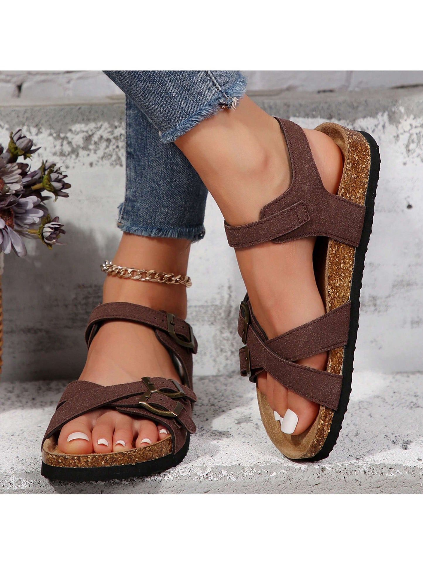 Womens Cushion Footbed Outdoor Adjustable  Strappy Slip-On Modern Memory FoamBuckle Cork Footbed Slides For Sandals With Comfortable Arch Support