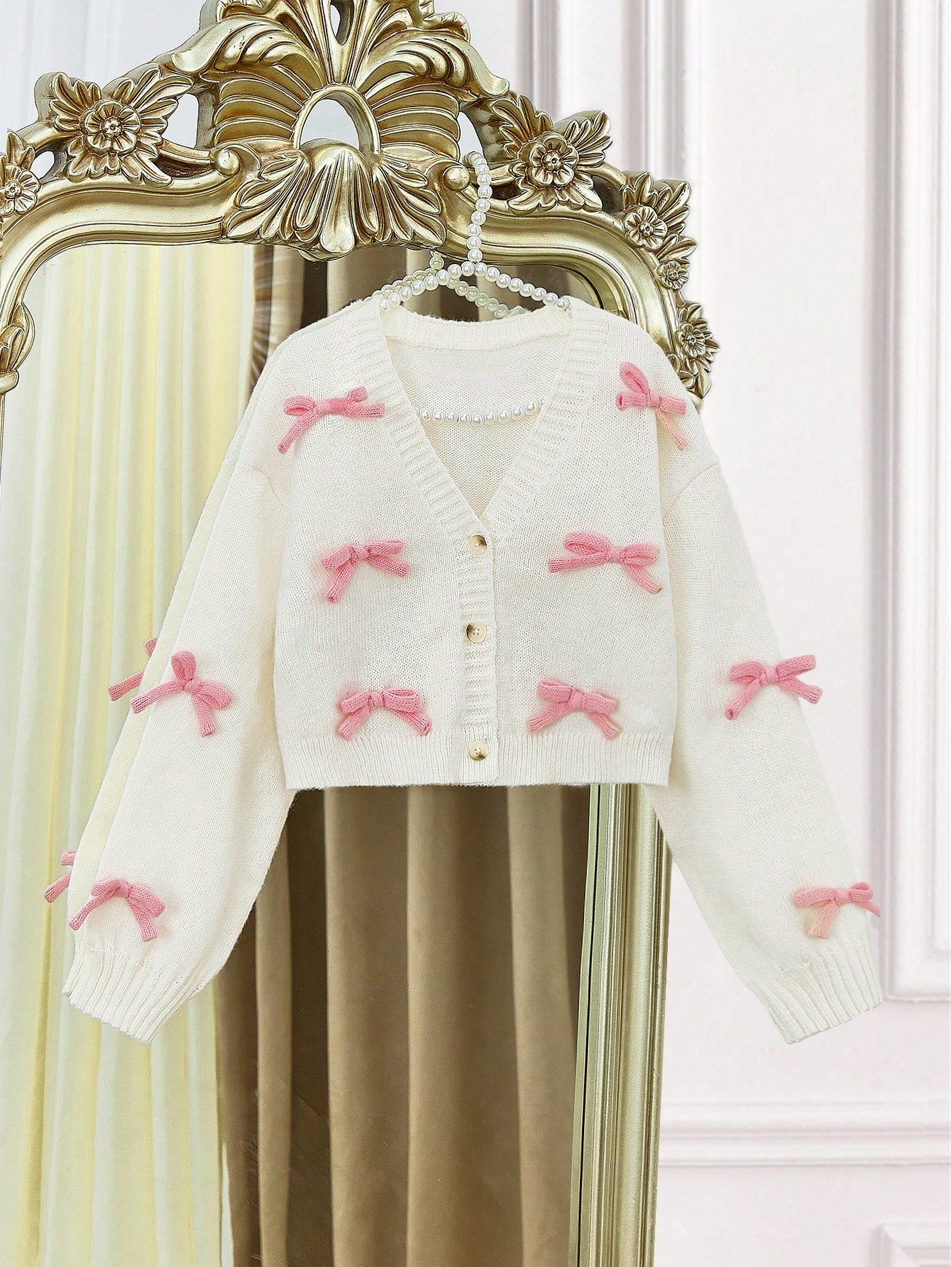 Girls' Fashionable Casual Cute Comfy Soft Simple Warm Versatile Elegant 3D Bow Long Sleeve Cropped Cardigan Sweater, Suitable For Home, Everyday, School, Outing, Party, Autumn & Winter