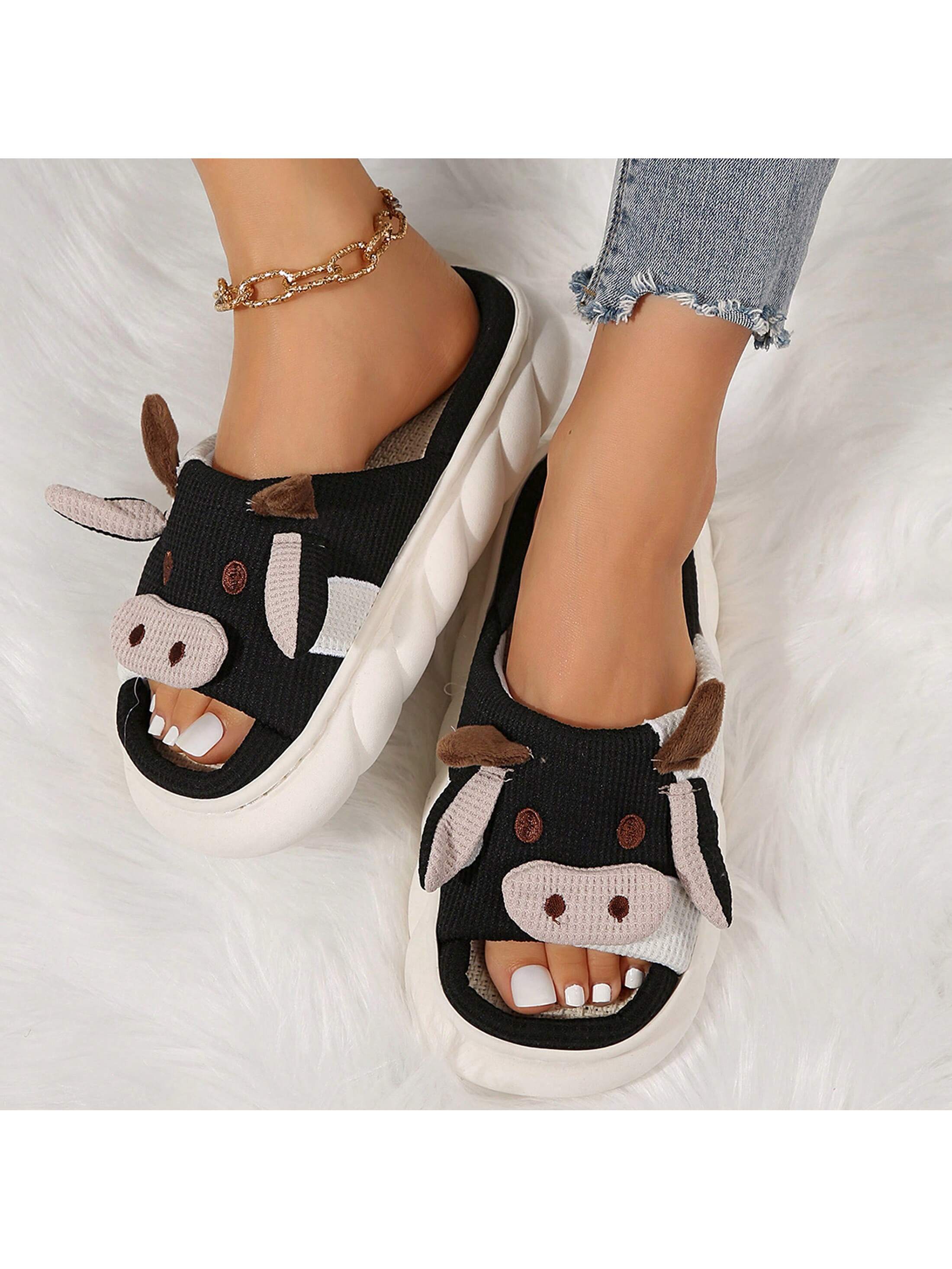 Women's Thick Bottom Soft Slippers Indoor Outdoor Slippers Cute Animal Shape Cartoon Cow Slippers