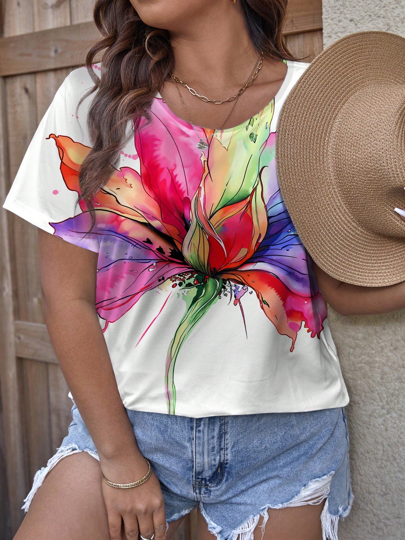 Plus Size Women's Summer Floral Printed Round Neck Short Sleeve Casual T-Shirt