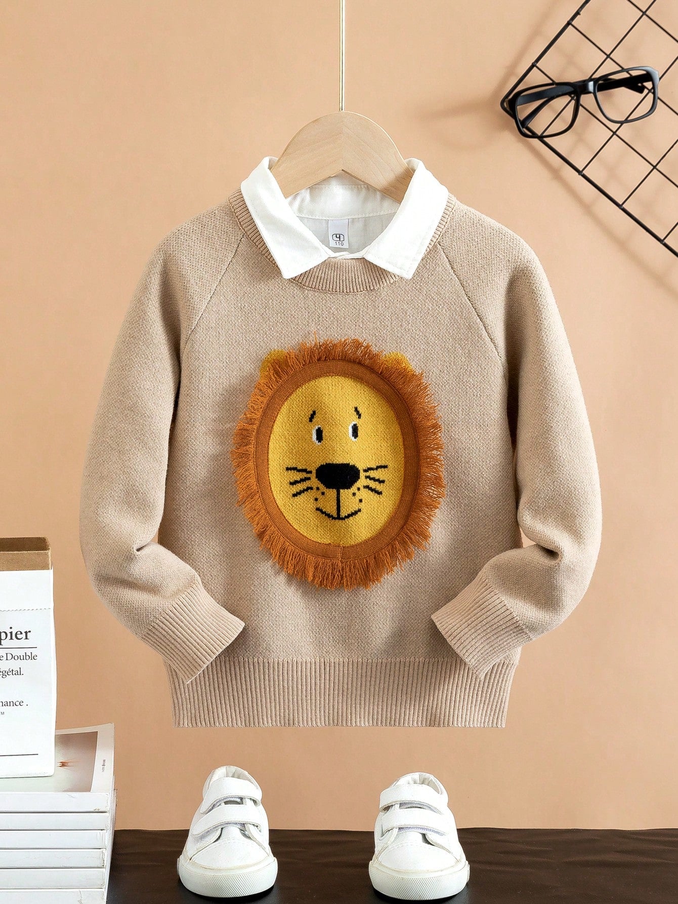 Young Boys Lion Pattern Raglan Sleeve Sweater Without Shirt For Autumn & Winter