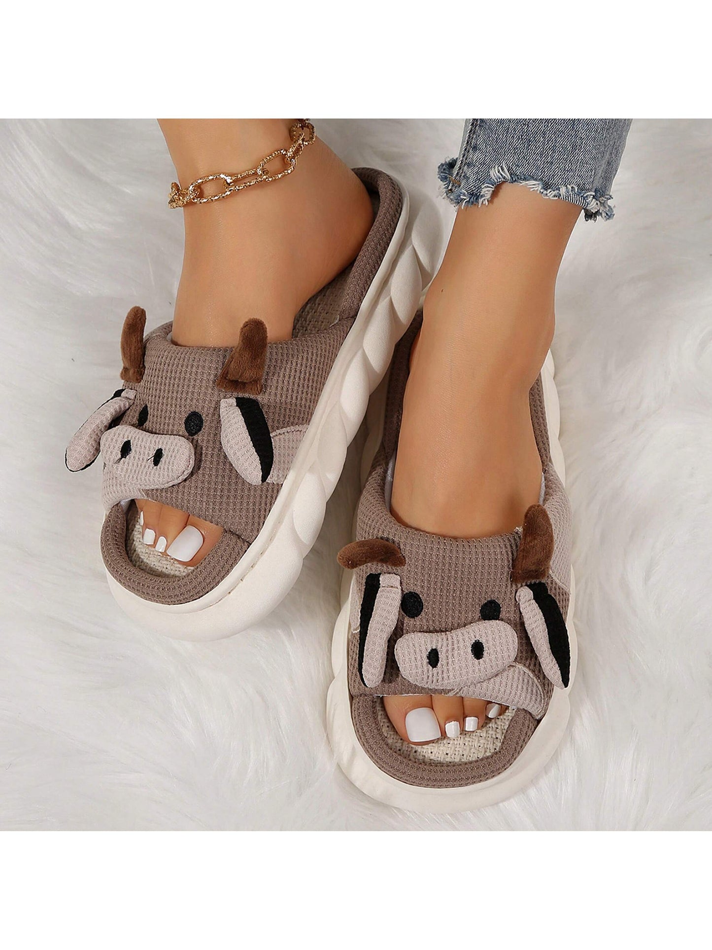 Women's Thick Bottom Soft Slippers Indoor Outdoor Slippers Cute Animal Shape Cartoon Cow Slippers