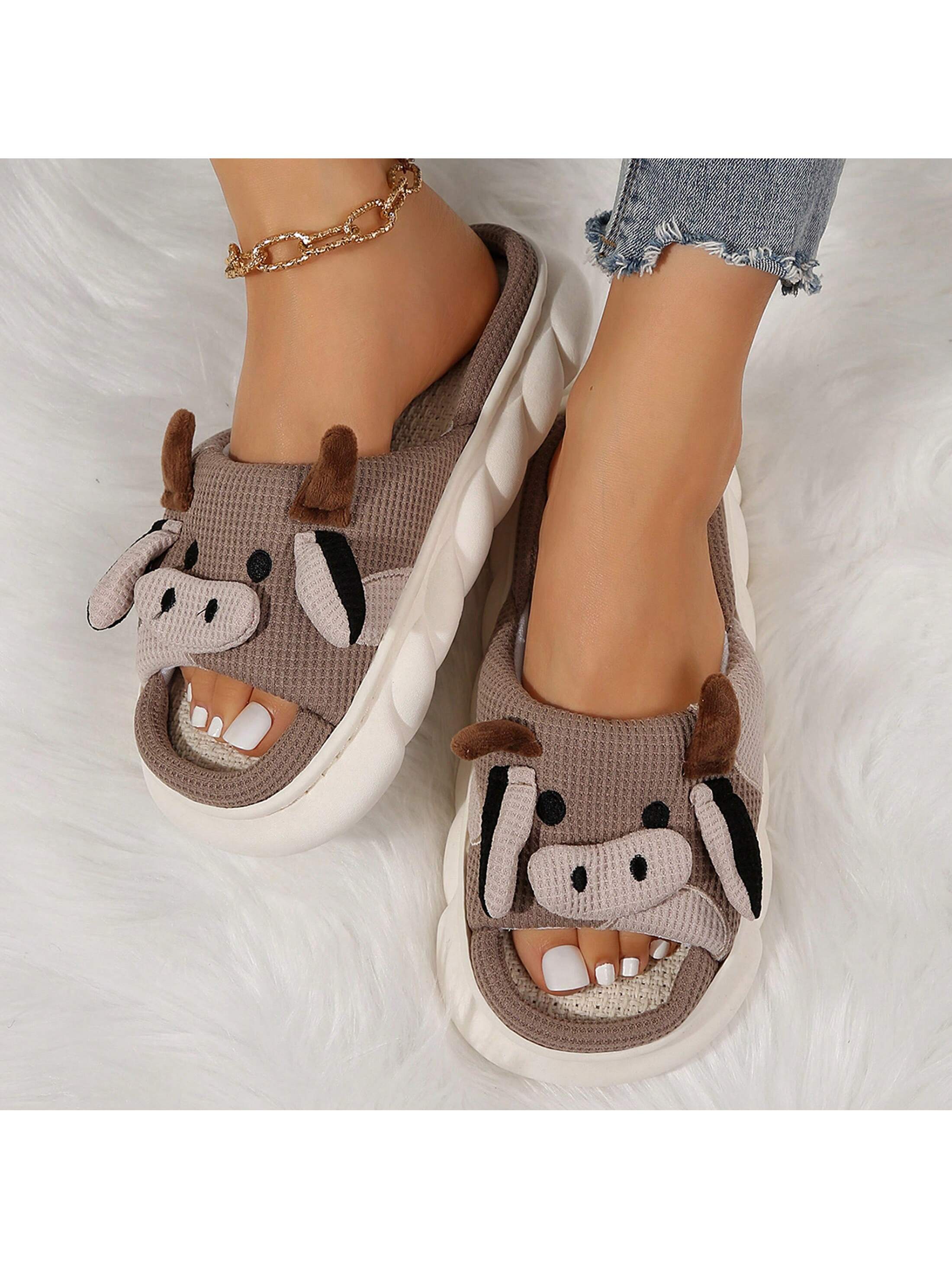 Women's Thick Bottom Soft Slippers Indoor Outdoor Slippers Cute Animal Shape Cartoon Cow Slippers