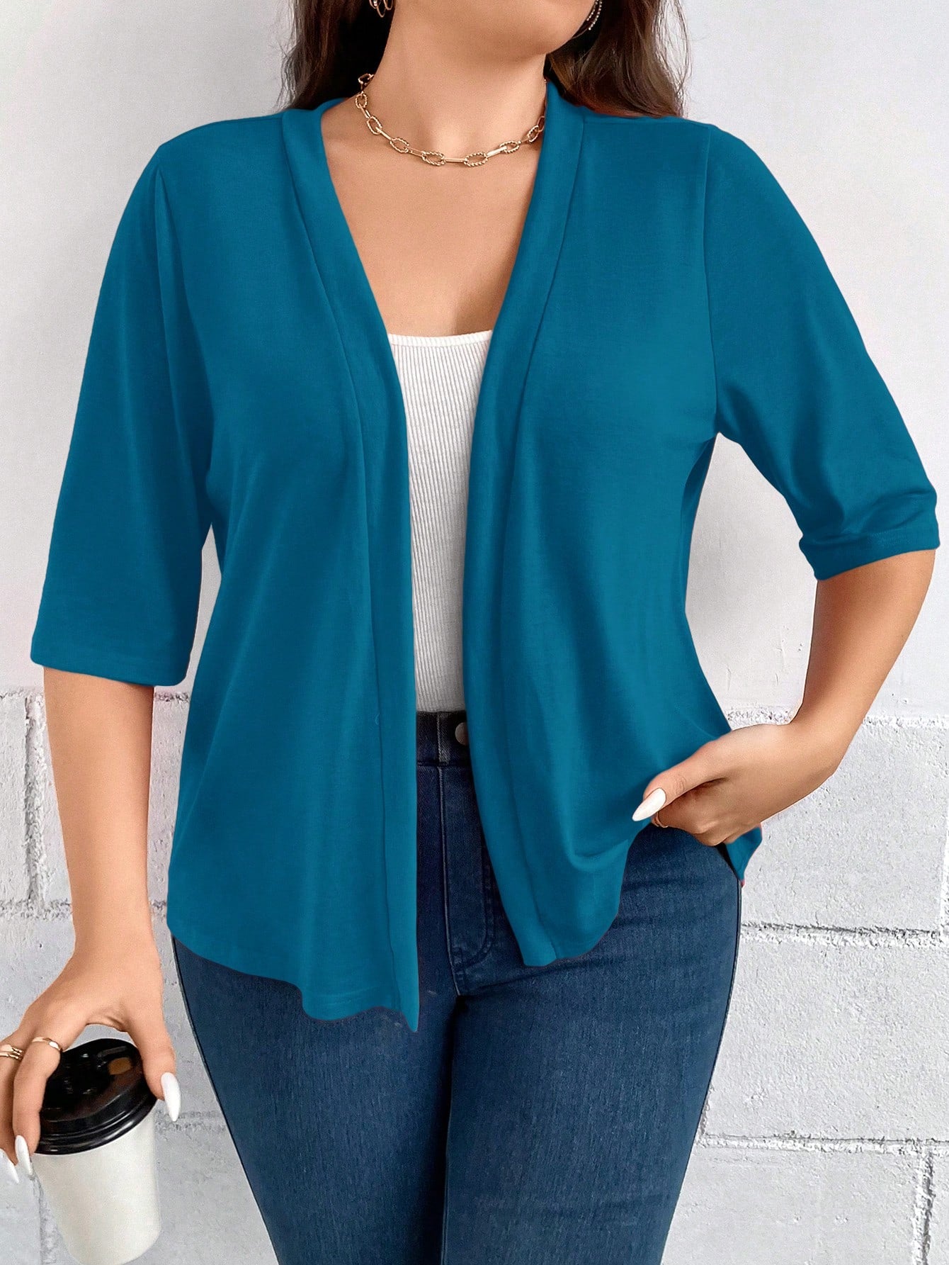 Plus Size Women's Summer Solid Color Short Sleeve Open-Front Casual Jacket