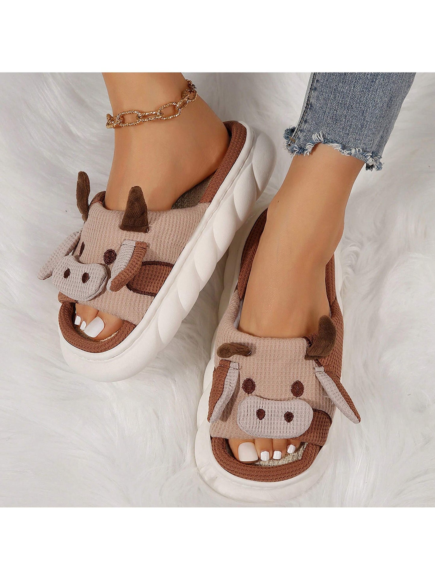 Women's Thick Bottom Soft Slippers Indoor Outdoor Slippers Cute Animal Shape Cartoon Cow Slippers