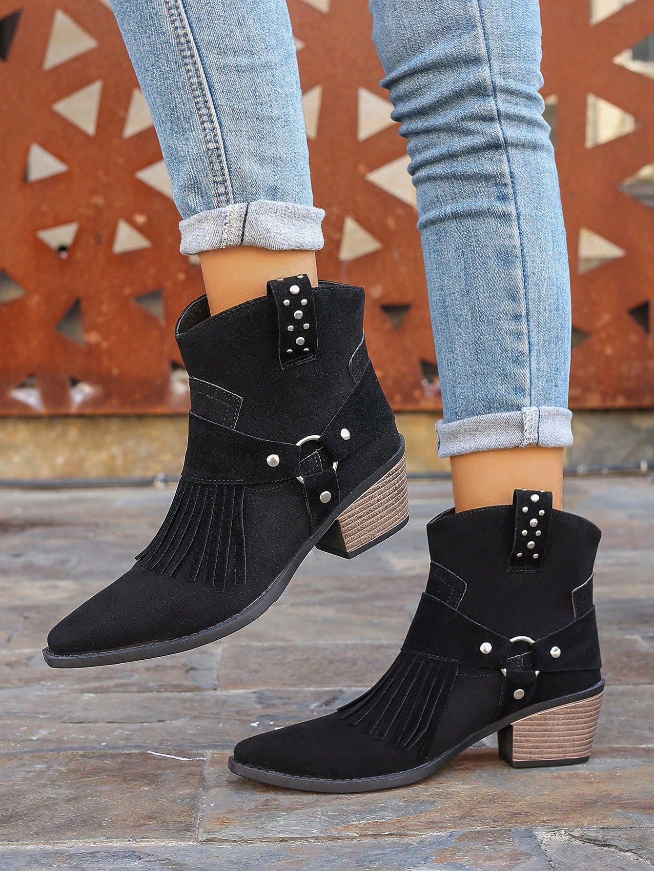 Striped Studded Block Heel Mid-Heel Square Toe Slip-On Elegant Chelsea Random Asymmetrical Tassel Fashion Ankle Boots For Women