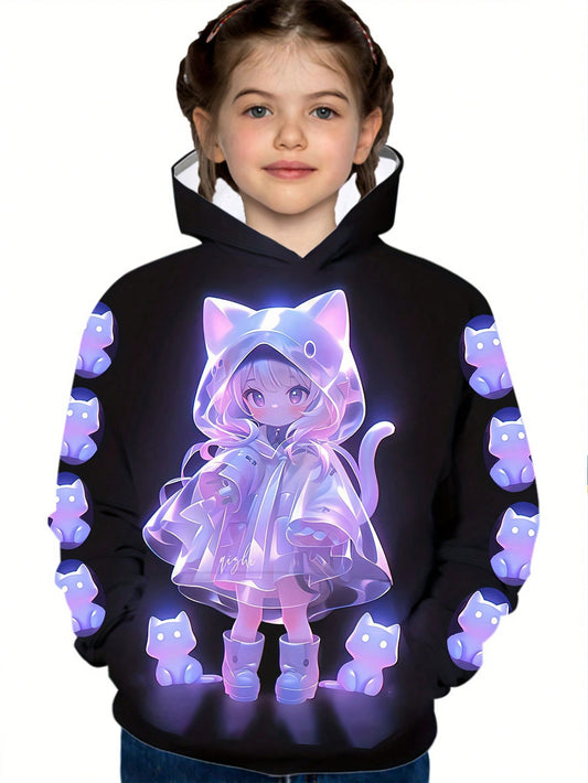 Young Girl Fashion Casual Cute Cartoon Holographic Cat Ear Print Hoodie