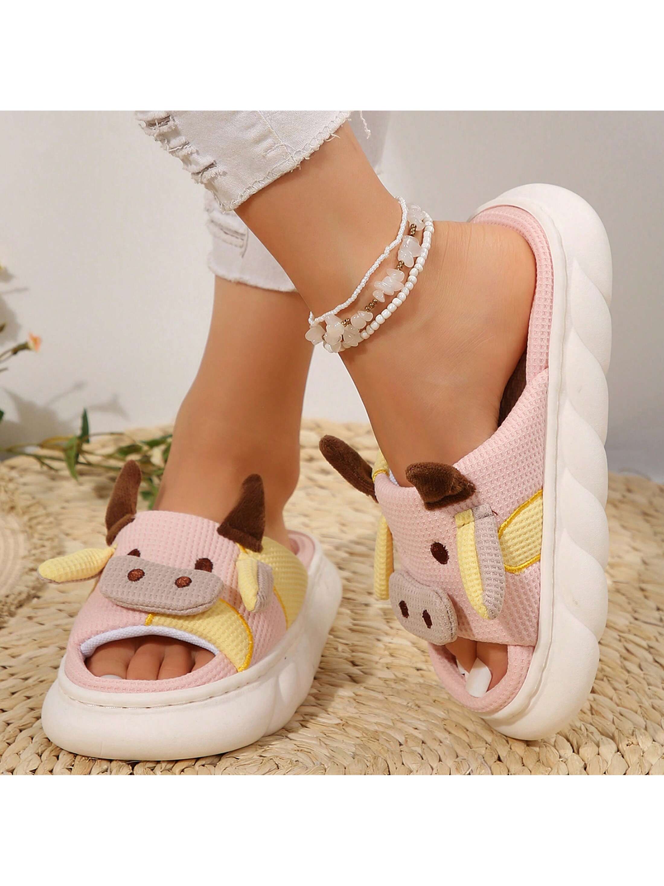 Women's Thick Bottom Soft Slippers Cute Animal Sshape Cartoon Cow Slippers Indoor Outdoor Slippers