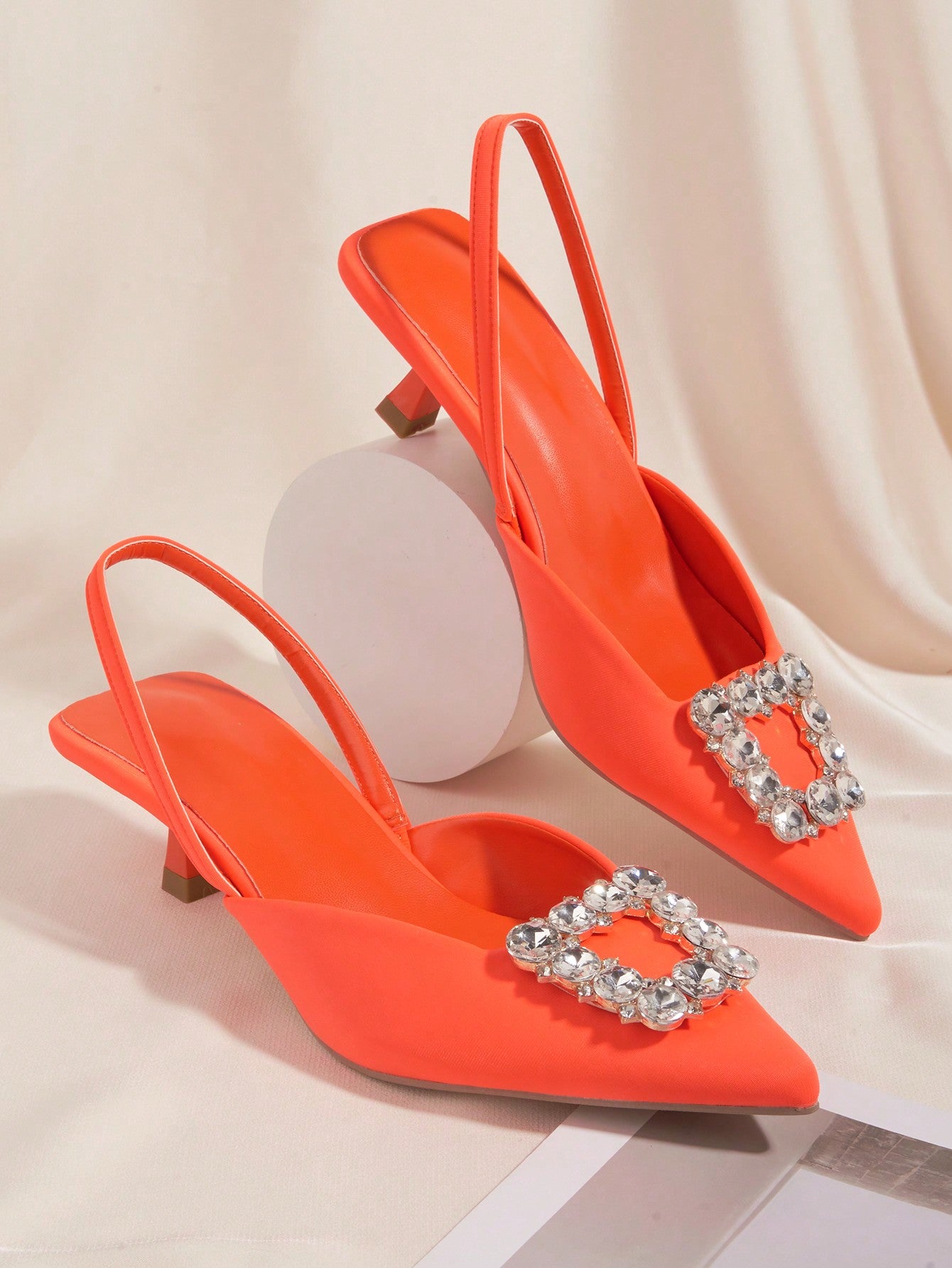 Women's Orange High Heel Shoes, 2024 New Spring & Summer Pointy Toe Sandals, Elegant Square Crystal Buckle Decor, Kitten Heel, Thin Strap Slide Pumps, Commuter & Casual, Comfortable