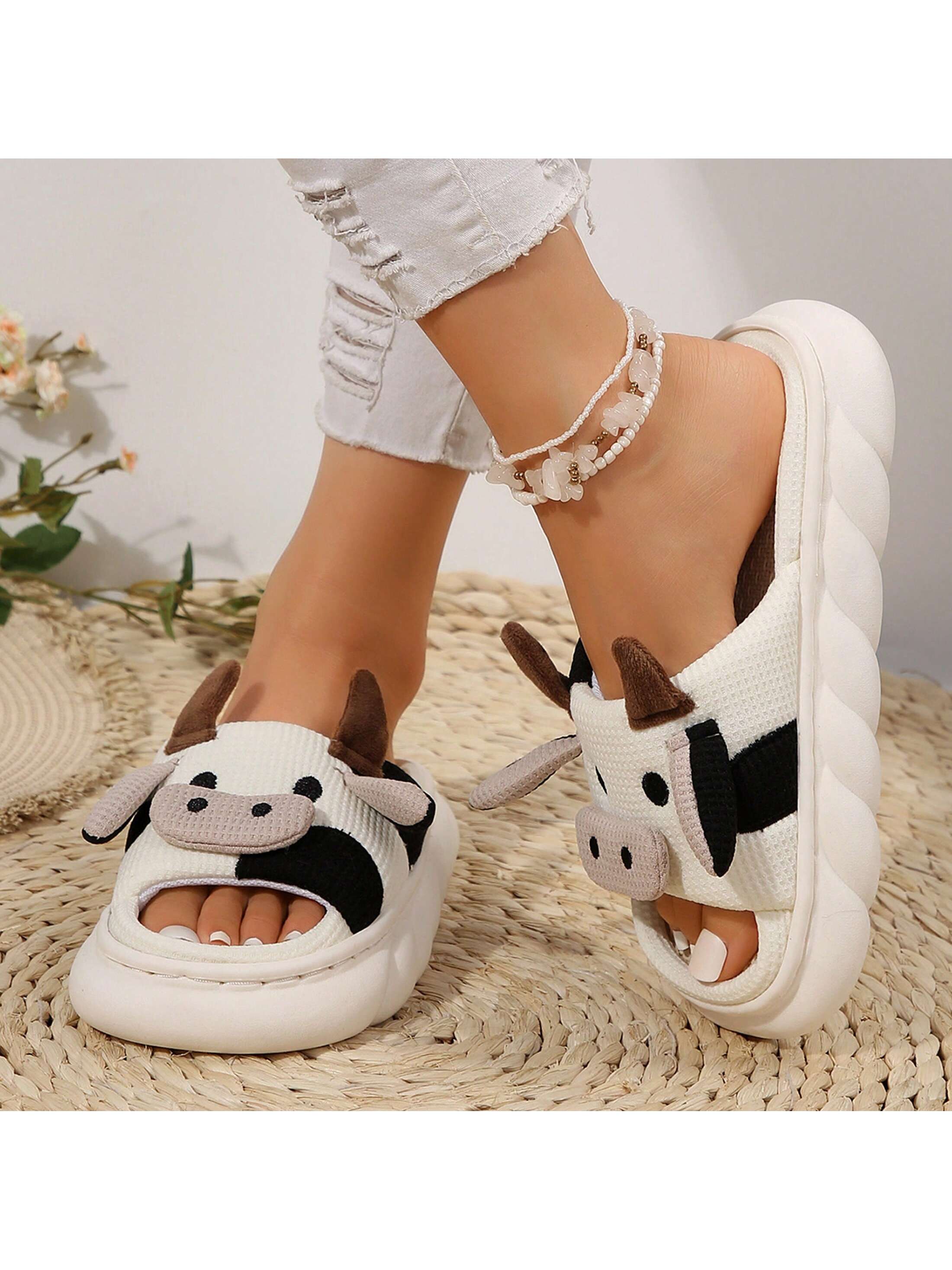 Women's Thick Bottom Soft Slippers Cute Animal Sshape Cartoon Cow Slippers Indoor Outdoor Slippers