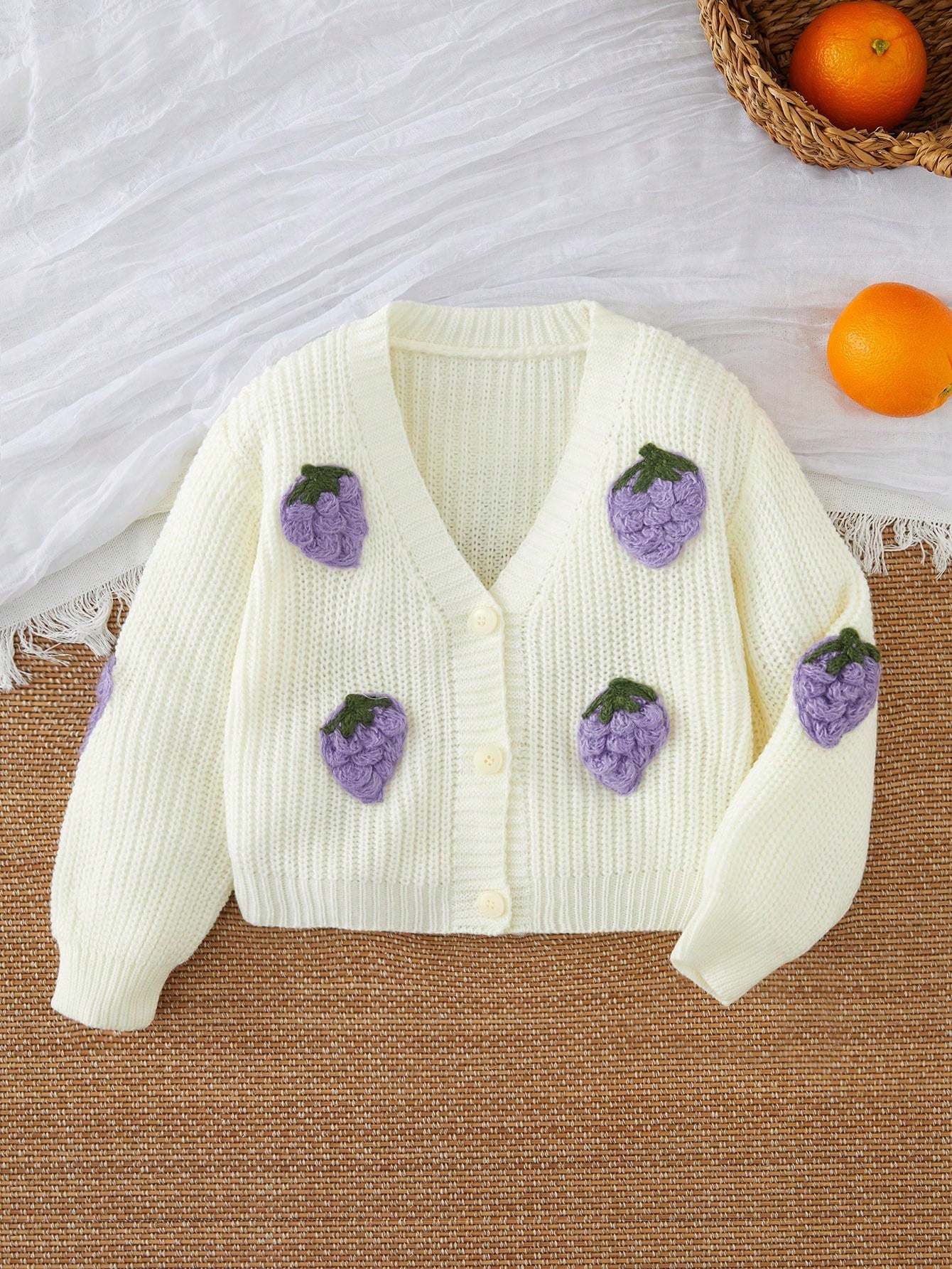 Girls' White Casual Chic Cute Soft Simple Versatile  3D Grape Print V-Neck Long Sleeve Knitted Cardigan, Suitable For Home, Daily Wear, Outing, Party, Autumn & Winter