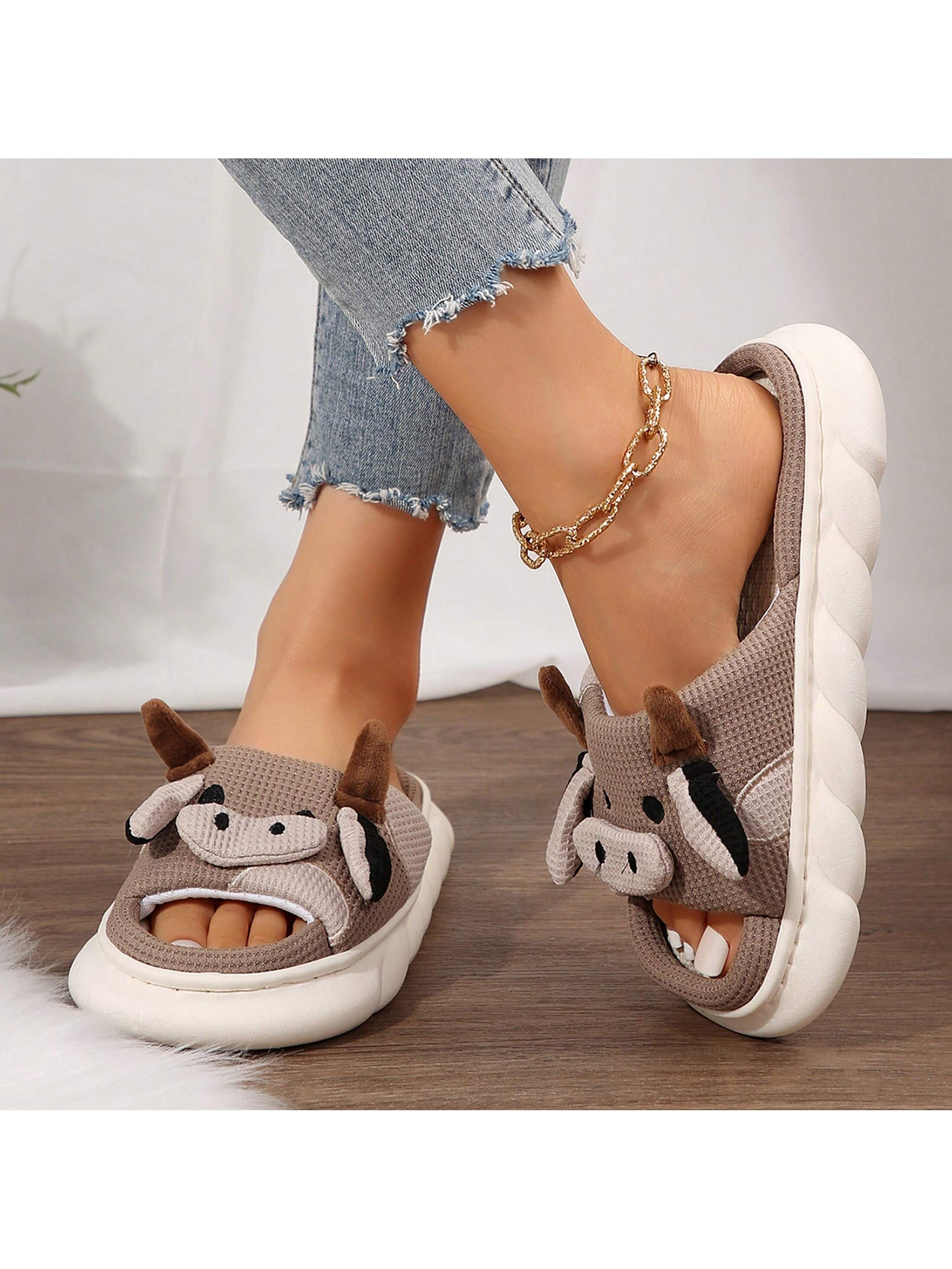 Women's Thick Bottom Soft Slippers Cute Animal Sshape Cartoon Cow Slippers Indoor Outdoor Slippers